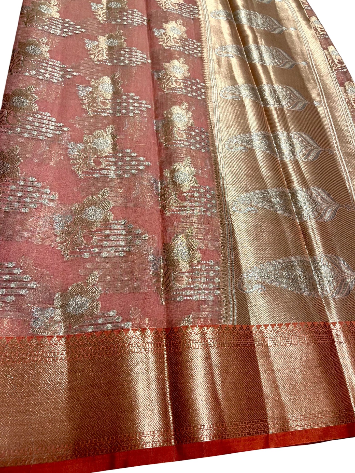Southloom Tissue Banarasi Silk Saree with Woven Work on Body and Borders (Peach)