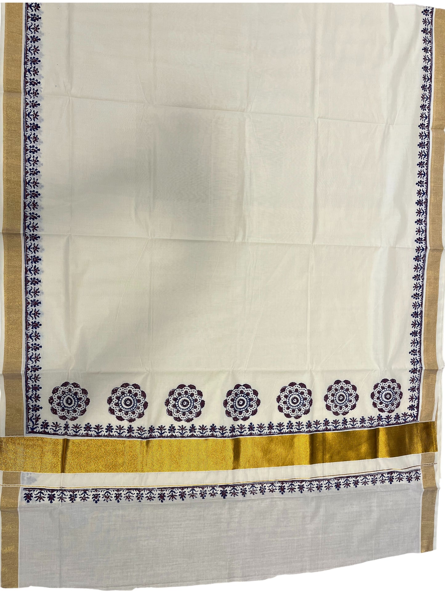 Southloom Cotton Kerala Kasavu Saree with Brown and Blue Block Prints On Border