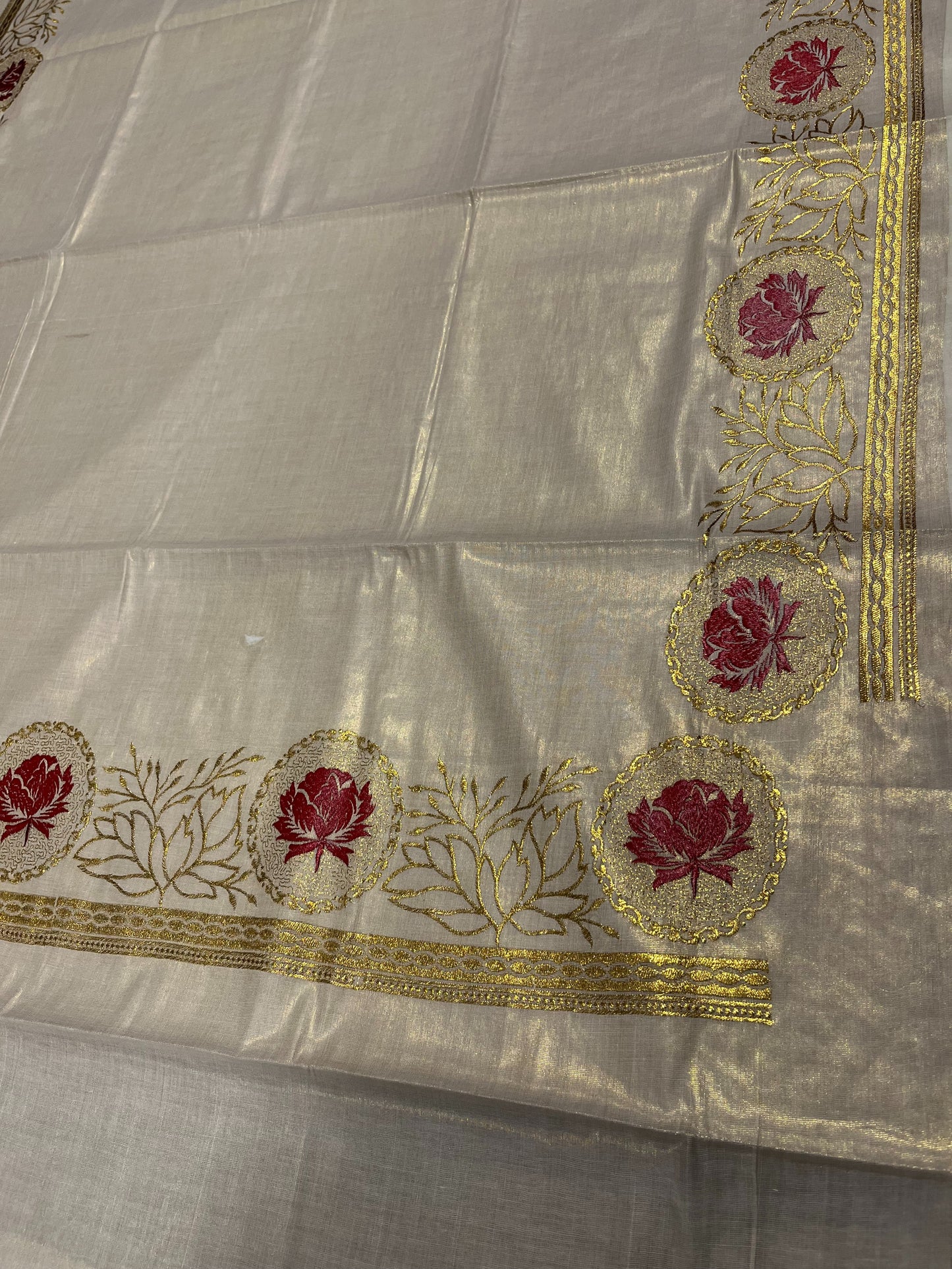 Southloom Kerala Tissue Kasavu Plain Saree with Red Floral Embroidery Works