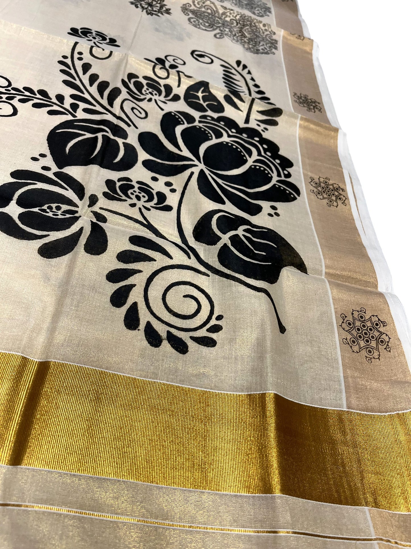 Kerala Tissue Kasavu Saree with Black Floral Block Printed Designs