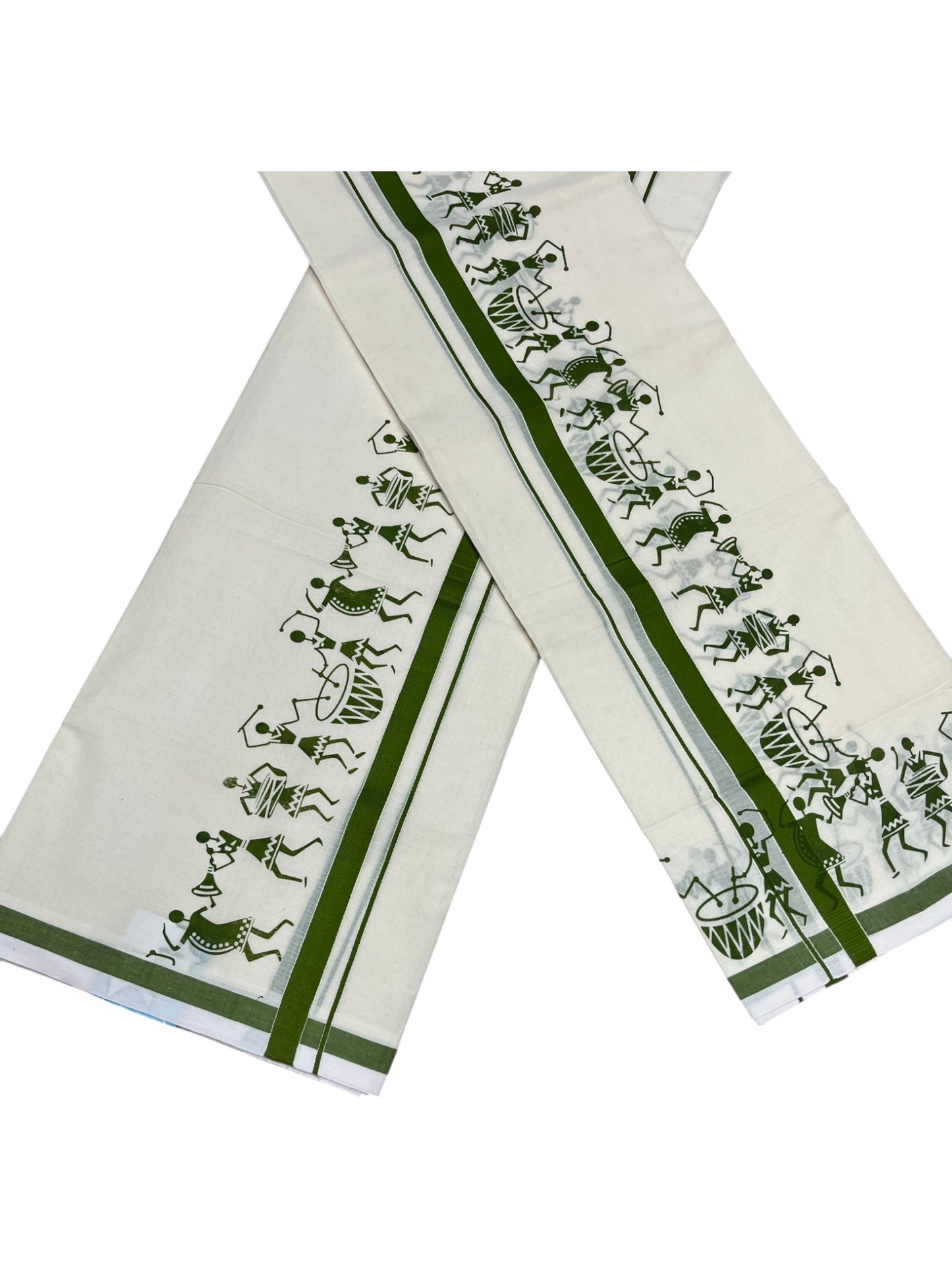 Southloom Pure Cotton Kerala Single Warly Print Set Mundu (Mundum Neriyathum) Olive Green Border in 2.50 mtrs SL246