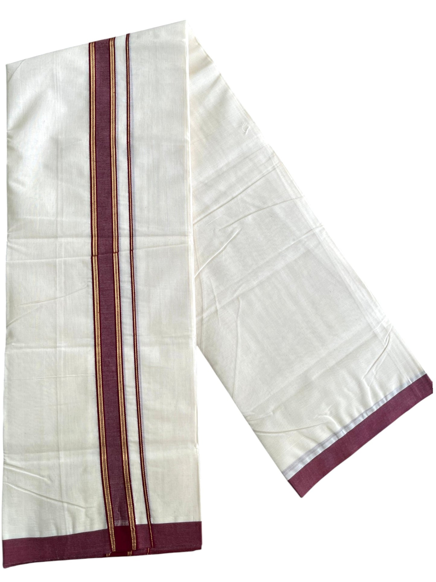 Southloom Pure Cotton Mundu with Golden Lines and Maroon Border (South Indian Kerala Dhoti)
