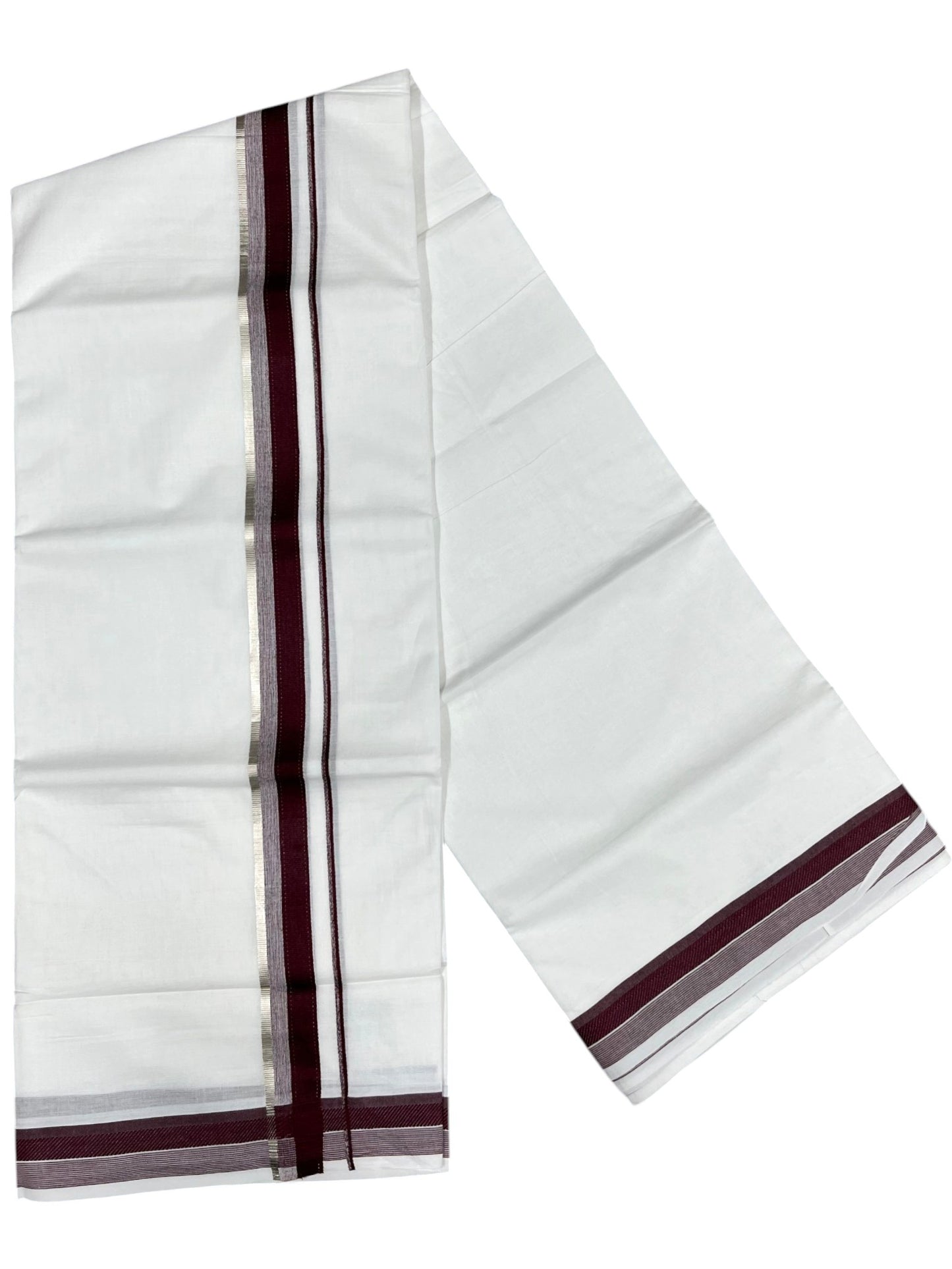 Southloom Pure White Cotton Mundu with Silver Line & Purple Border (South Indian Kerala Dhoti)