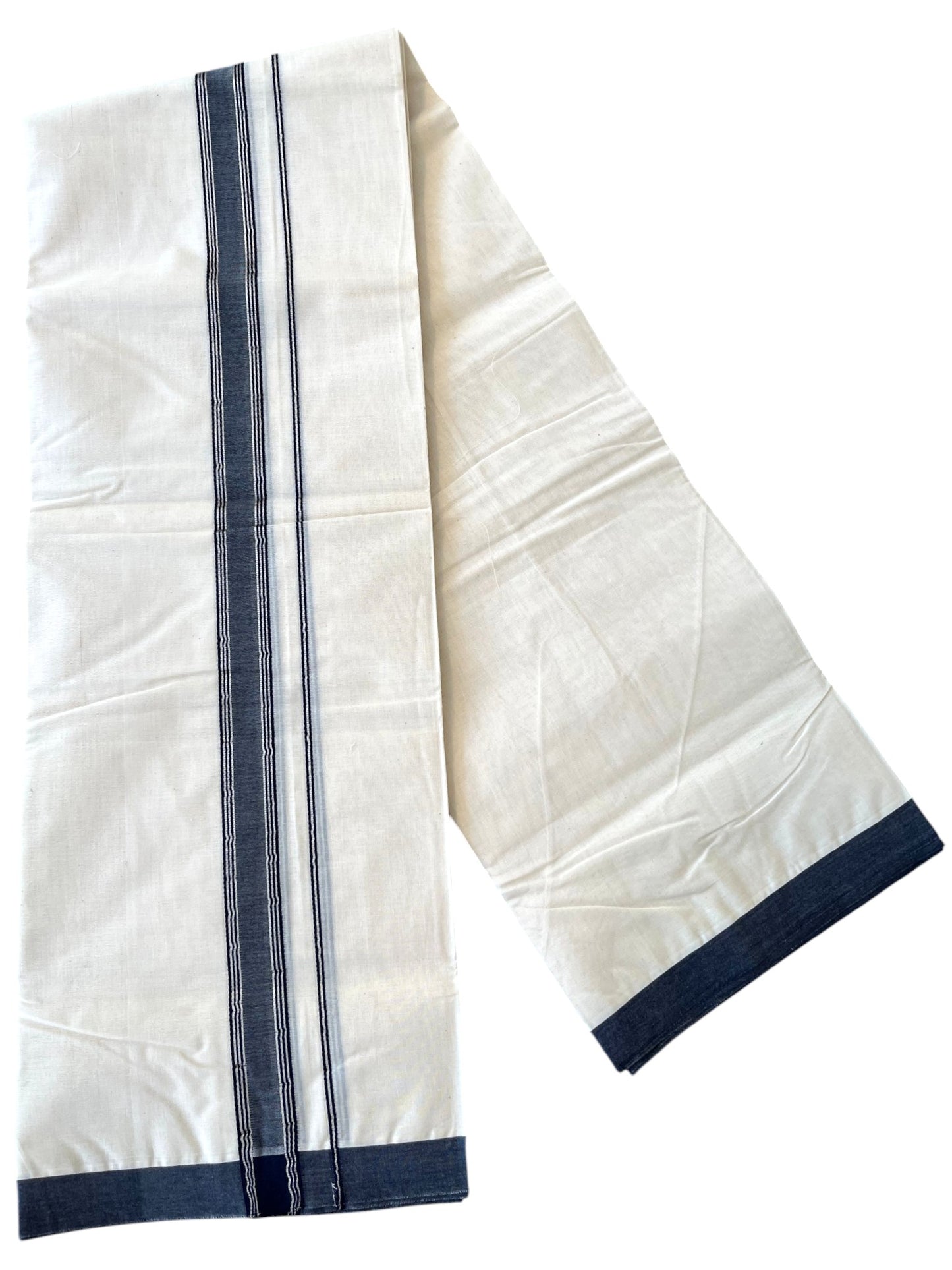 Southloom Pure Cotton Mundu with Silver Lines and Blue Border (South Indian Kerala Dhoti)