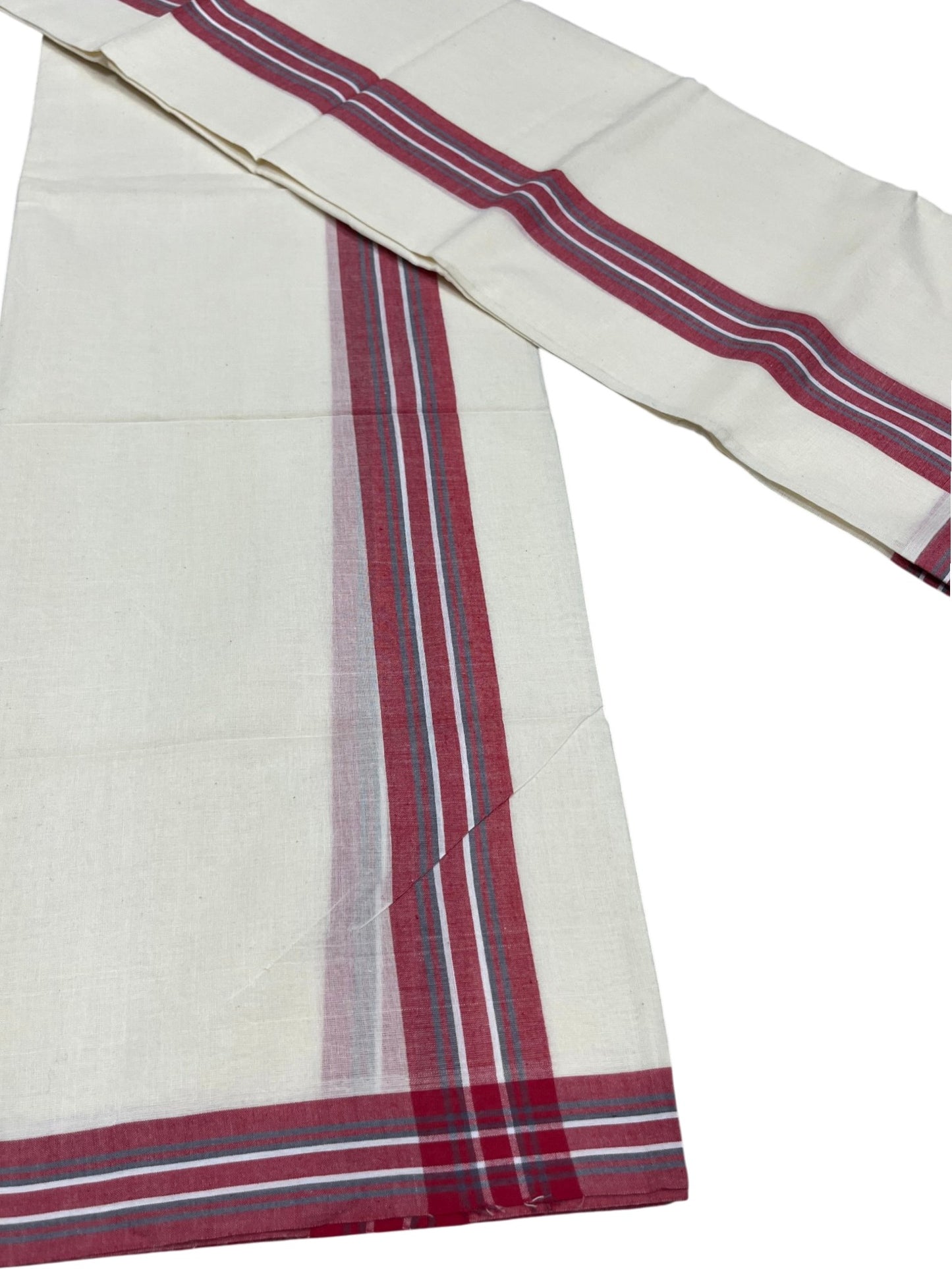 Southloom Pure Cotton Kerala Single Mulloth Set Mundu (Mundum Neriyathum) Red & Grey Border in 2.50 Mtrs SL243
