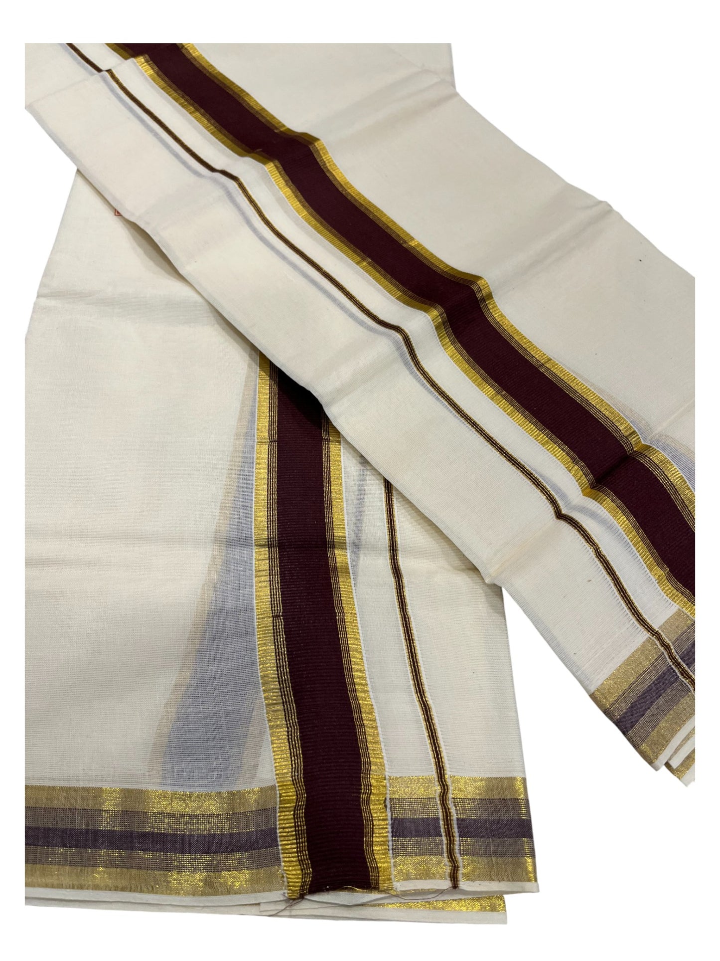 Kerala Cotton Set Mundu (Mundum Neriyathum) with Kasavu and Brown Border