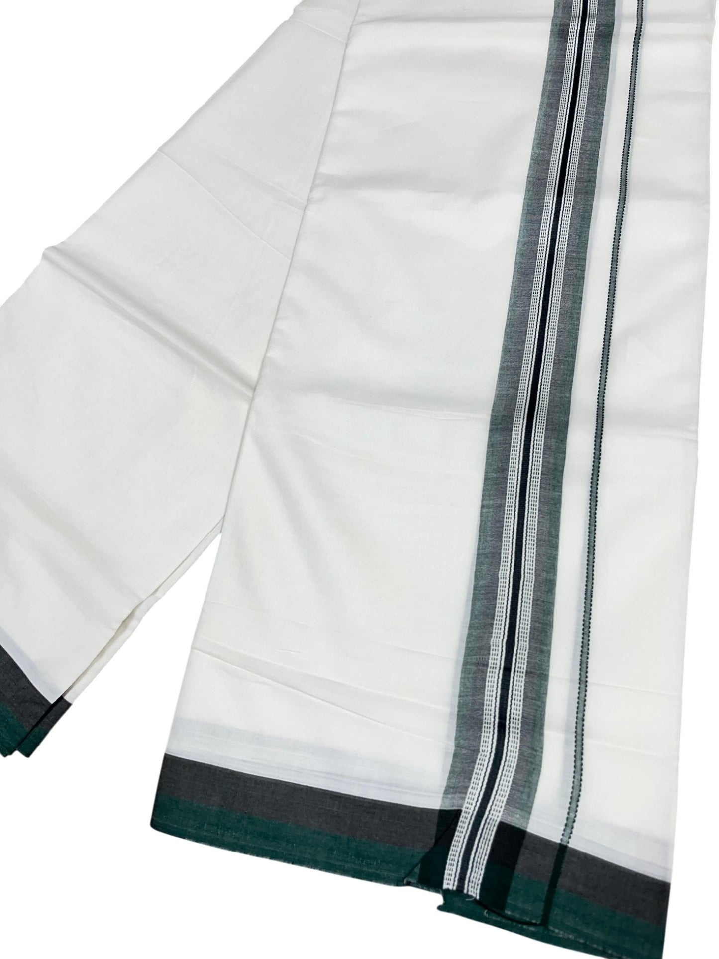 Southloom Pure White Cotton Double Mundu with Green and Grey Border (South Indian Dhoti)