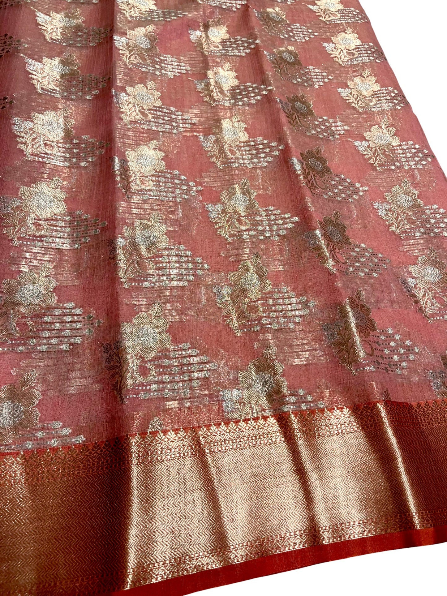 Southloom Tissue Banarasi Silk Saree with Woven Work on Body and Borders (Peach)