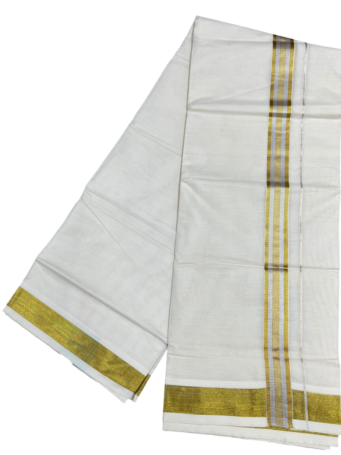 Pure Cotton Off White Double Mundu with Silver and Gold Kasavu Lines Kara (South Indian Kerala Dhoti)