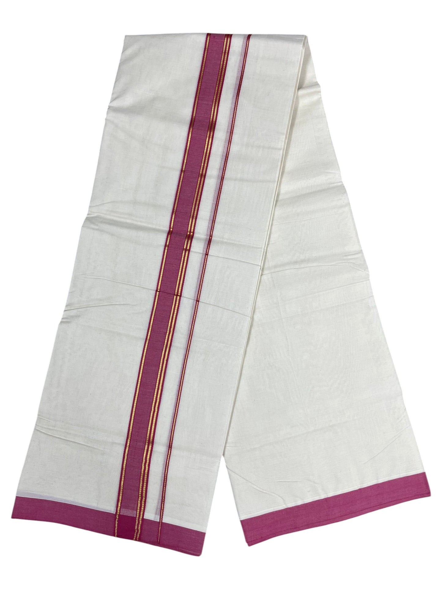 Southloom Pure Cotton Mundu with Gold Lines and Magenta Border (South Indian Kerala Dhoti)