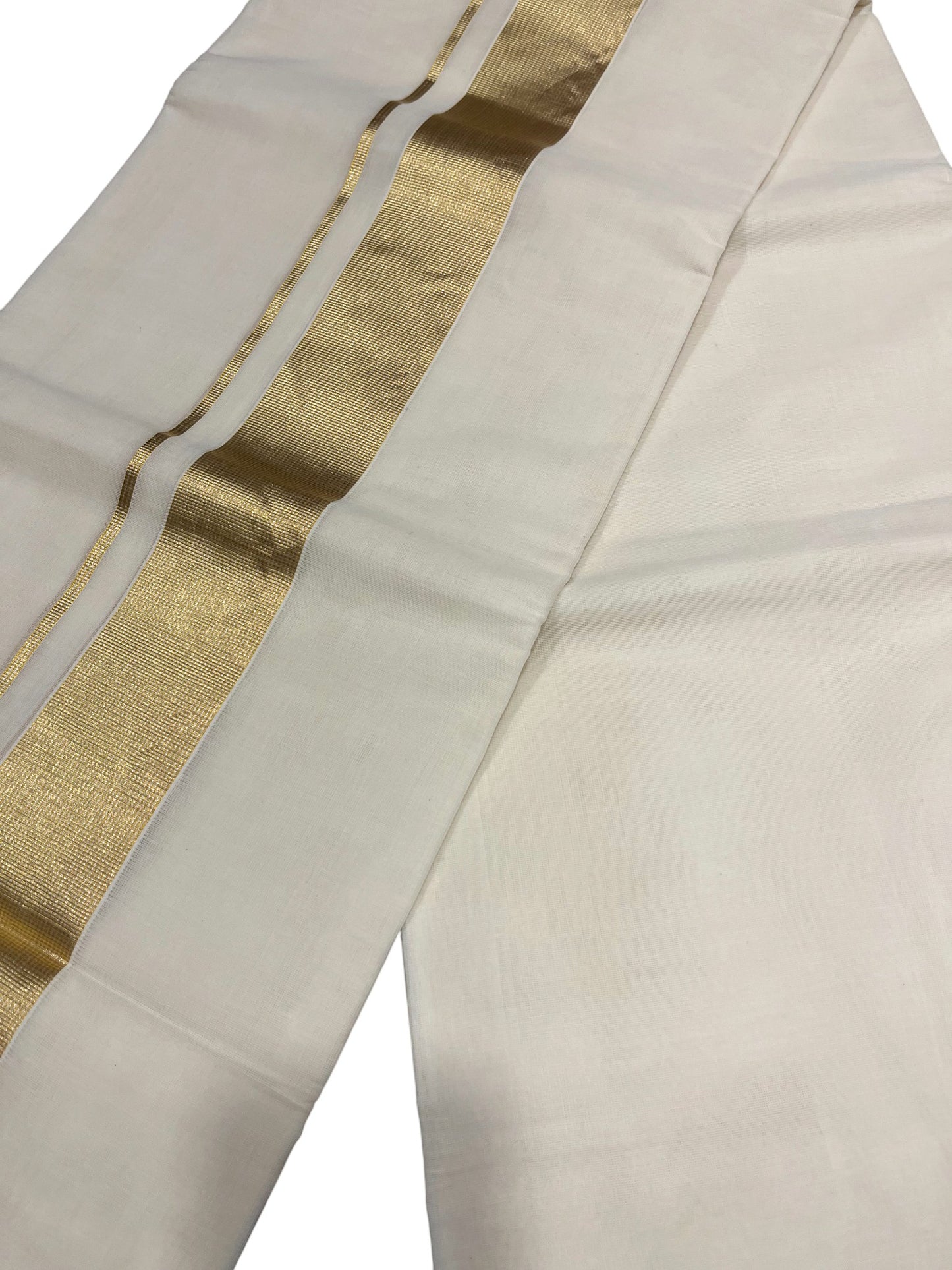 Southloom Premium Handloom Cotton Double Mundu with Gold And Silver Kasavu Border