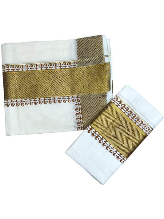 Southloom Pure Cotton Set Mundu with Gold Kasavu and Digital Print in Mustard Yellow 2.80 Mtrs SL374