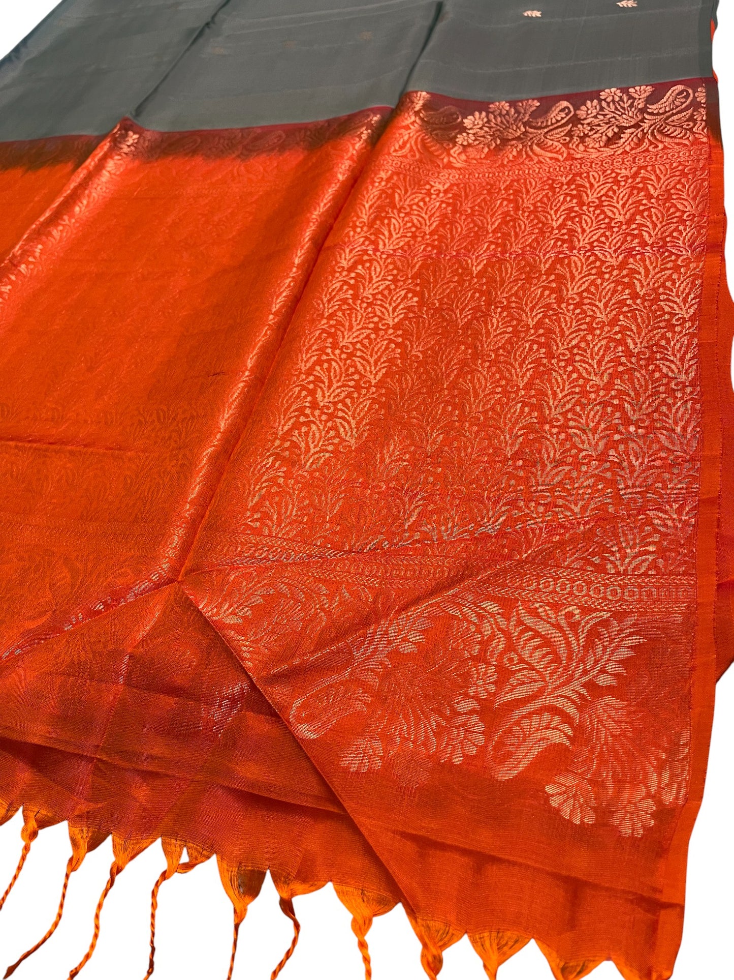 Southloom Pure Handloom Kanchipuram Silk Saree with Korvai Work (Orange & Blue)