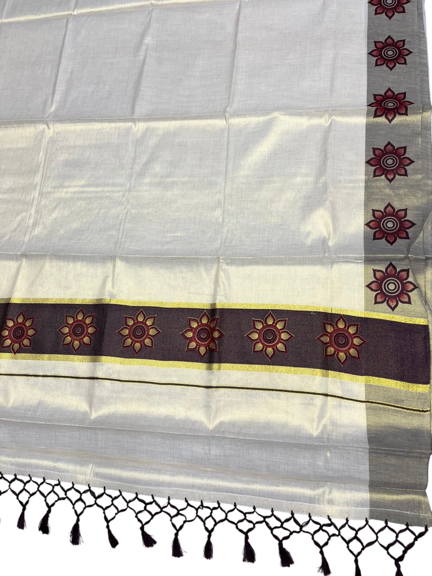 Southloom Kerala Tissue Kasavu Saree with Floral Block Prints in Brown Border
