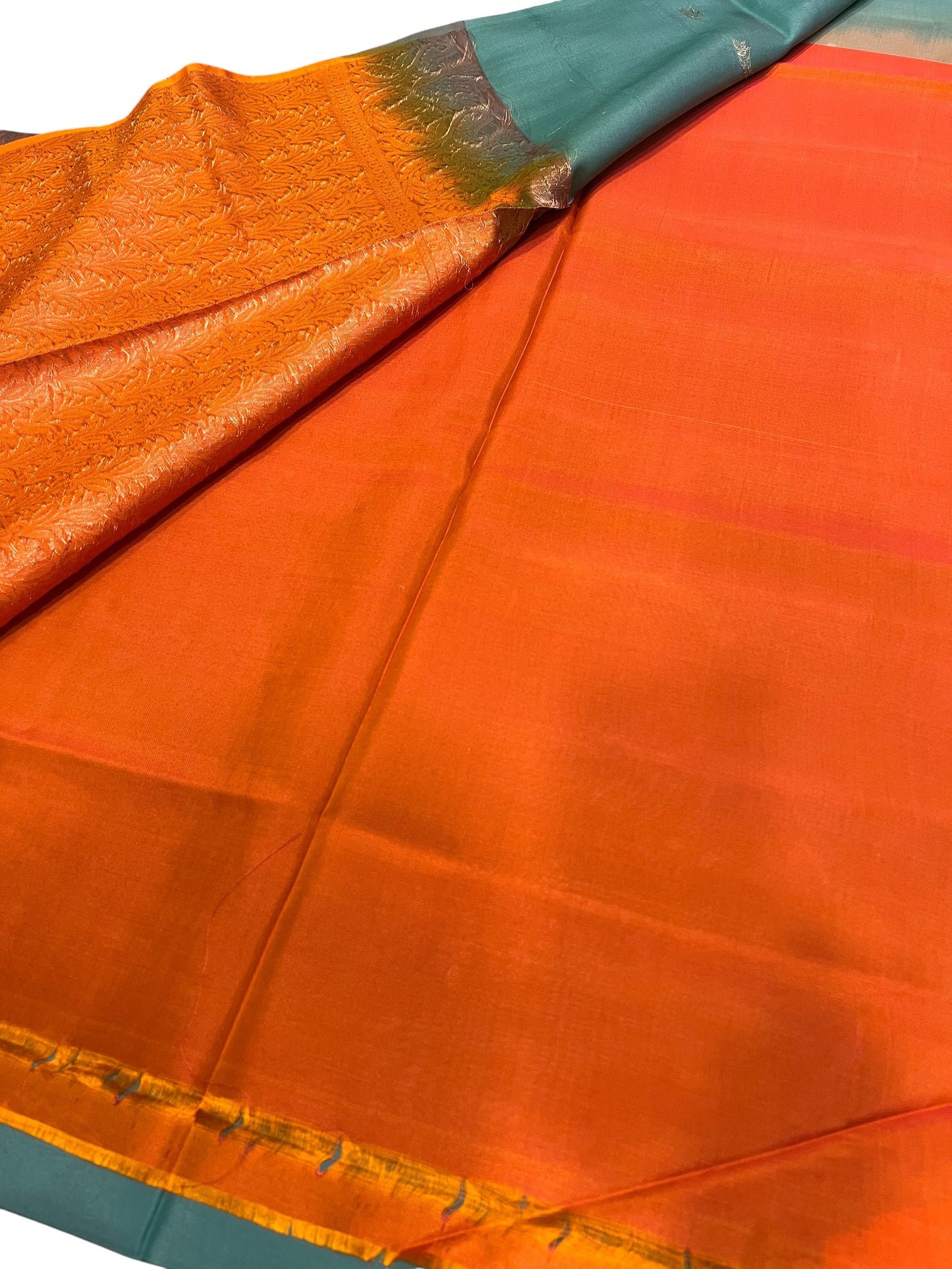 Southloom Pure Handloom Kanchipuram Silk Saree with Korvai Work (Orange & Blue)