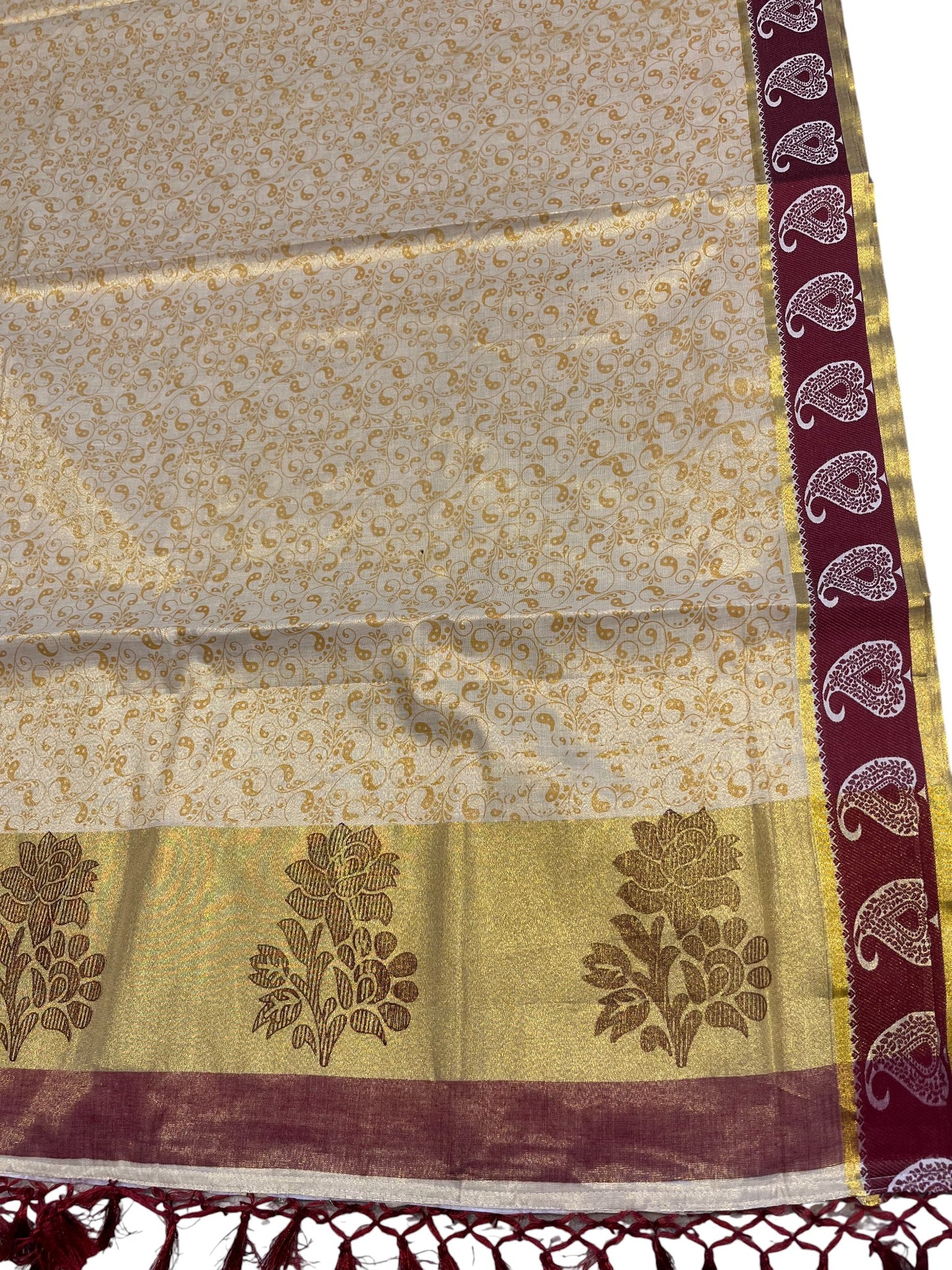 Southloom Kerala Tissue Kasavu Printed Saree with Maroon Floral Embroidery Works and Tassels