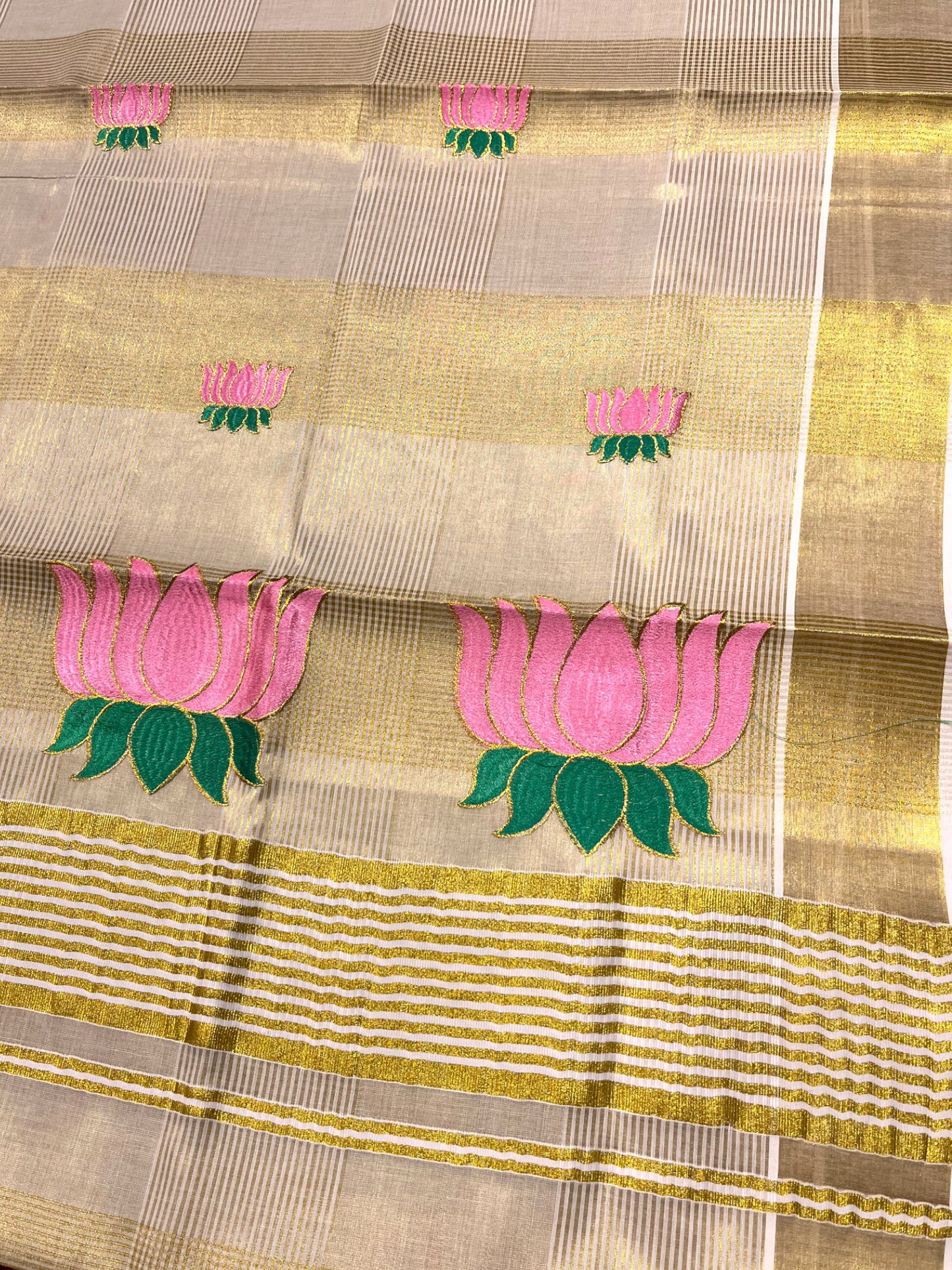Southloom Lotus Baby Pink and Green Embroidery Check Tissue Saree With Tussles