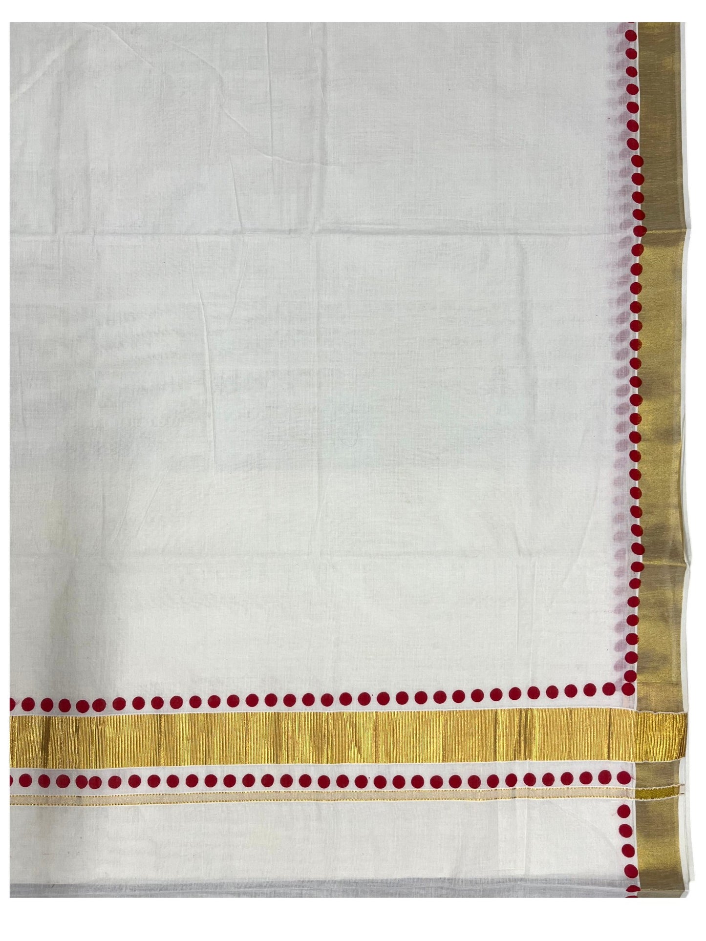 Southloom Cotton Kerala Kasavu Saree with Red Polk Dots Design Border