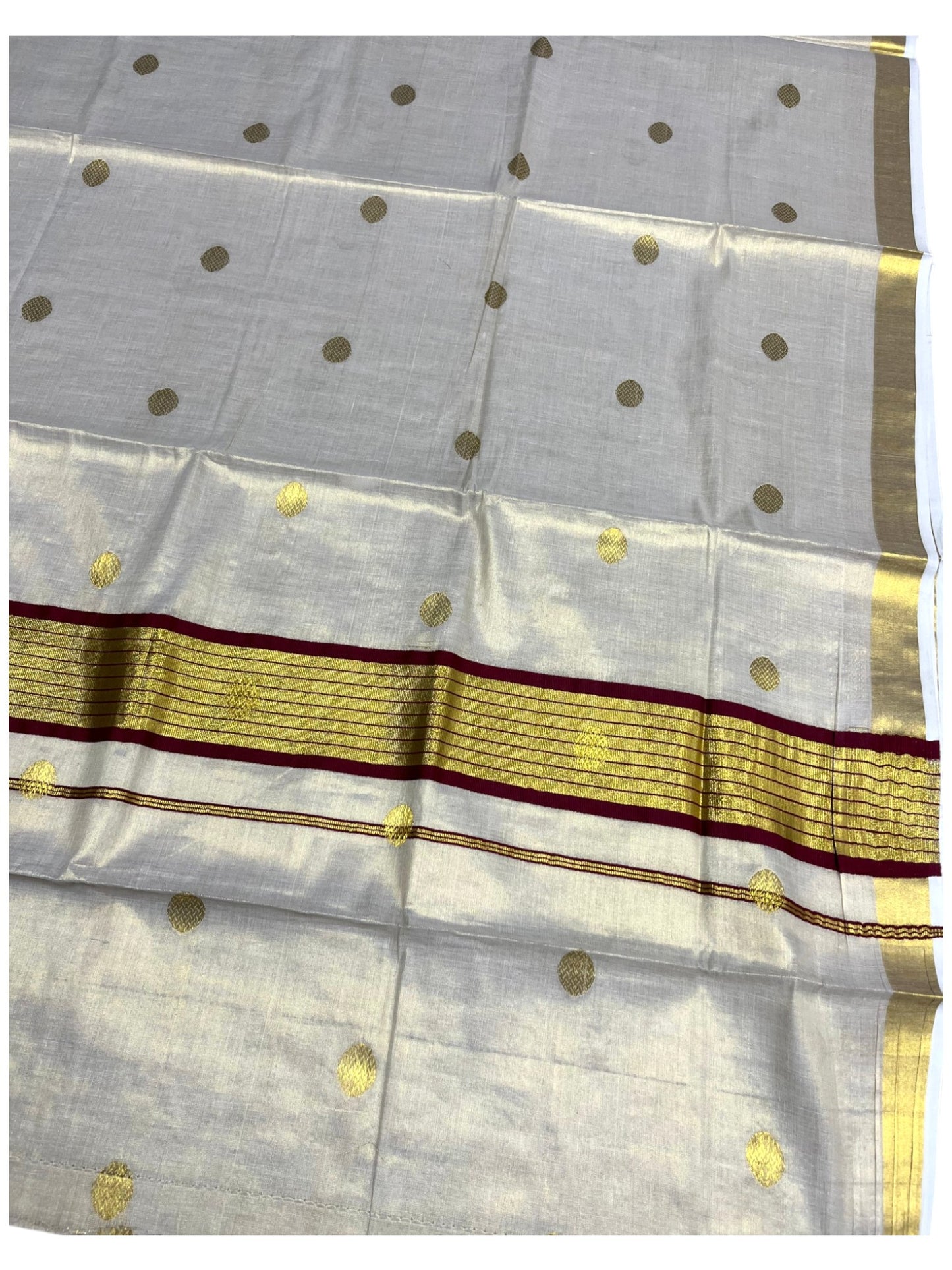 Southloom Kerala Tissue Kasavu Saree with Temple Woven Work on Body and Maroon Border