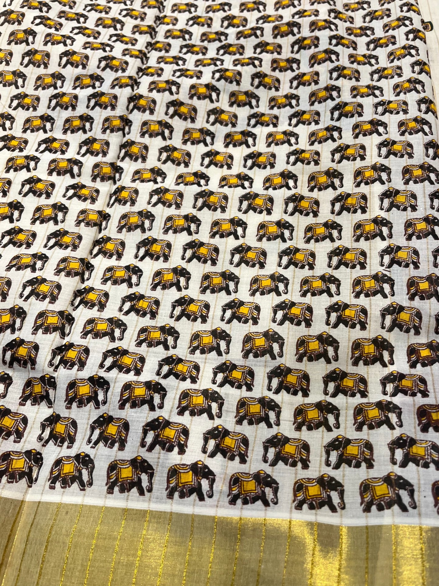 Kerala Cotton Kasavu Saree With Mural Festival Parasol Stripes and Elephant Design