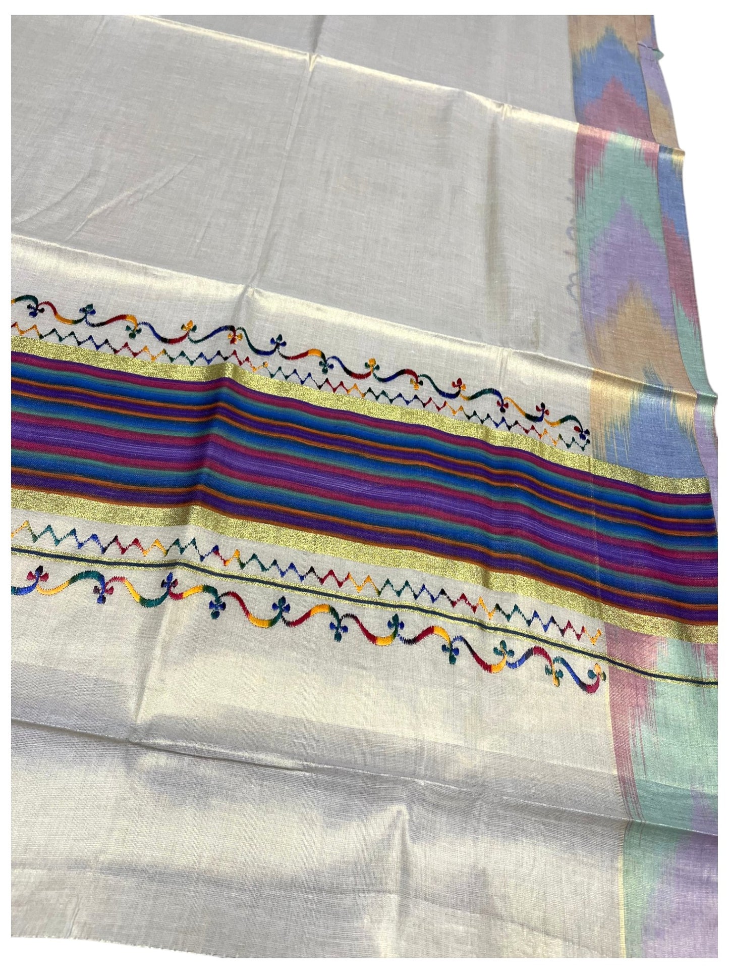 Southloom Kerala Tissue Kasavu Saree with Multi Colour Pochampally Design on Borders and Kara