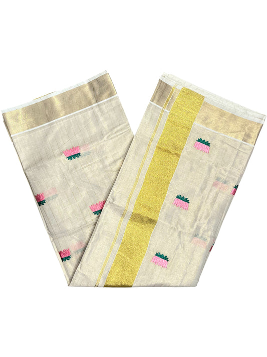 Southloom Lotus Pink and Green Embroidery Tissue Kerala Saree