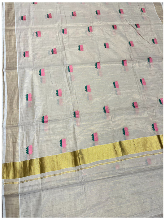 Southloom Lotus Pink and Green Embroidery Tissue Kerala Saree