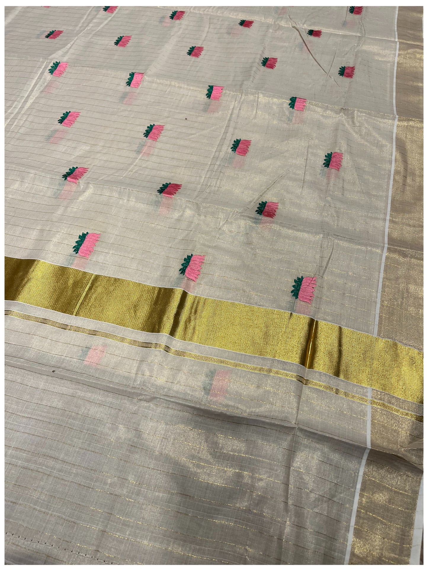 Southloom Lotus Pink and Green Embroidery Tissue Kerala Saree