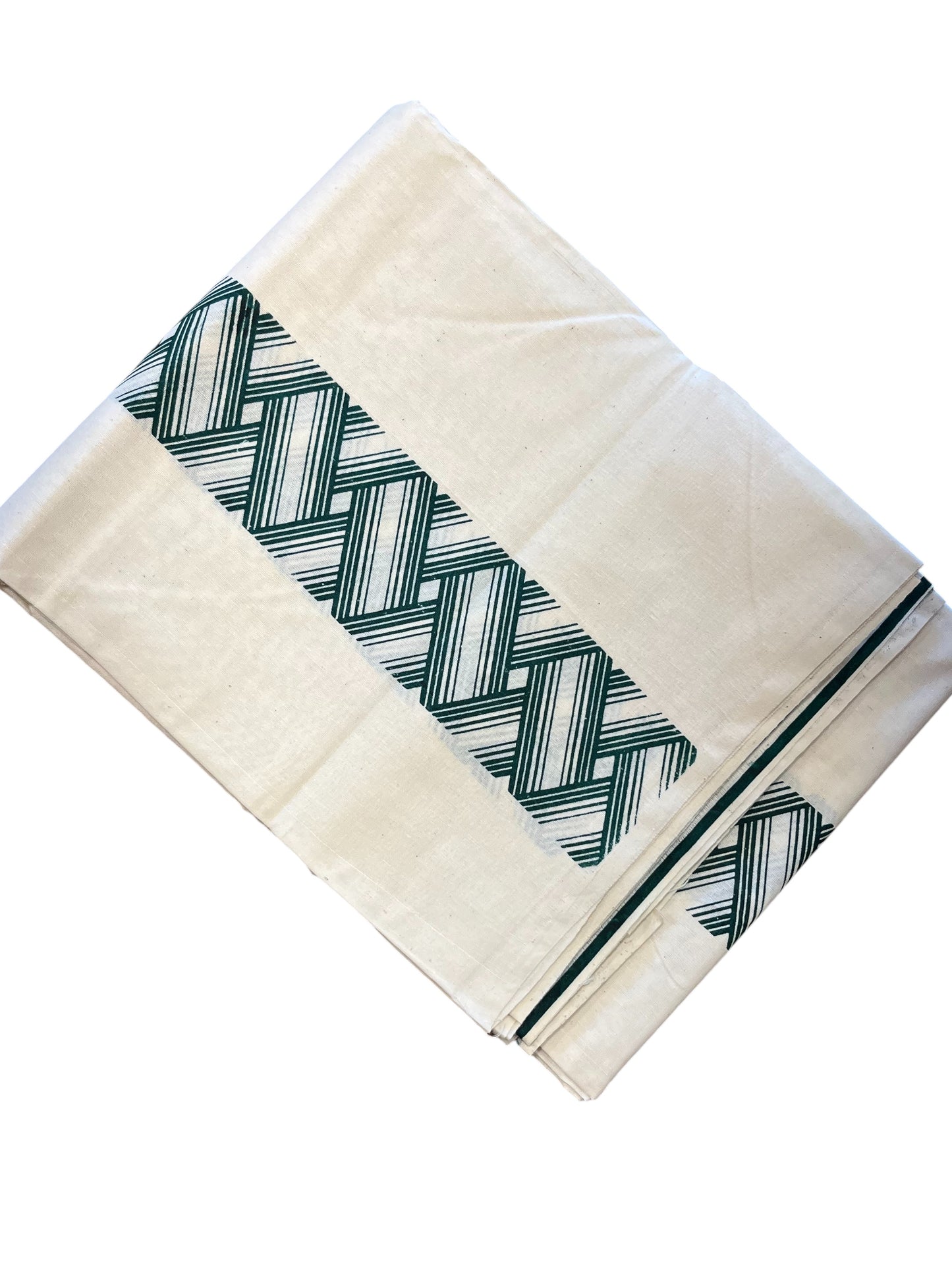 Southloom Pure Cotton Double Mundu with Block Prints on Green Kara (South Indian Kerala Dhoti)