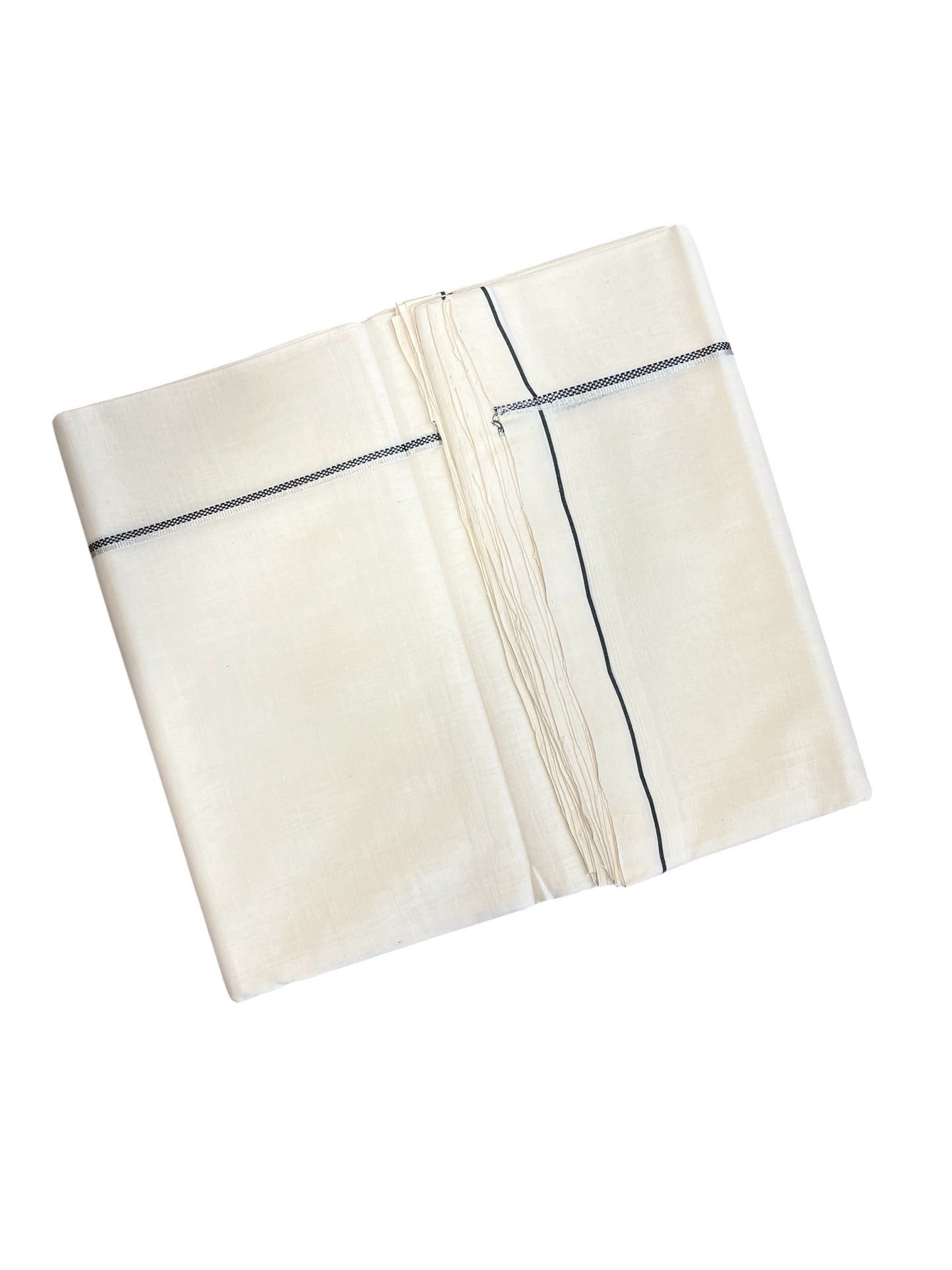 Southloom Premium Handloom Cotton Double Mundu with Black And Silver Line Border