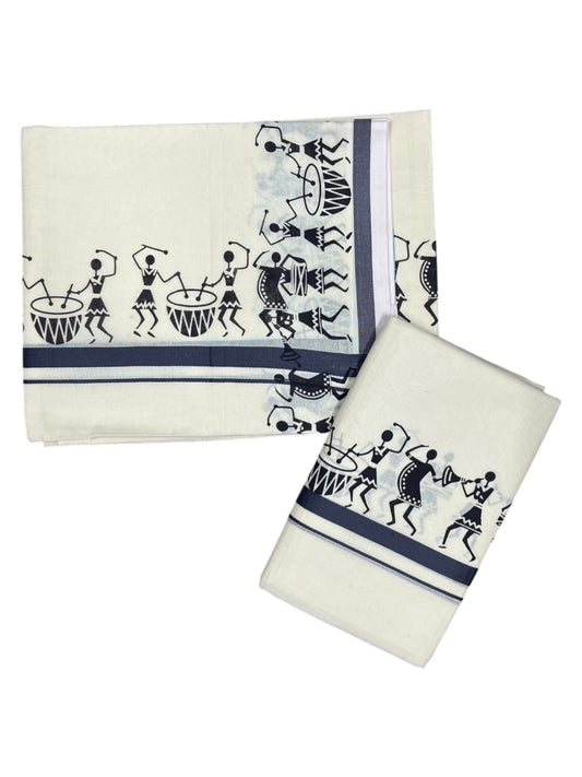Southloom Pure Cotton Kerala Single Warly Print Set Mundu (Mundum Neriyathum) Grey Border in 2.50 mtrs SL246
