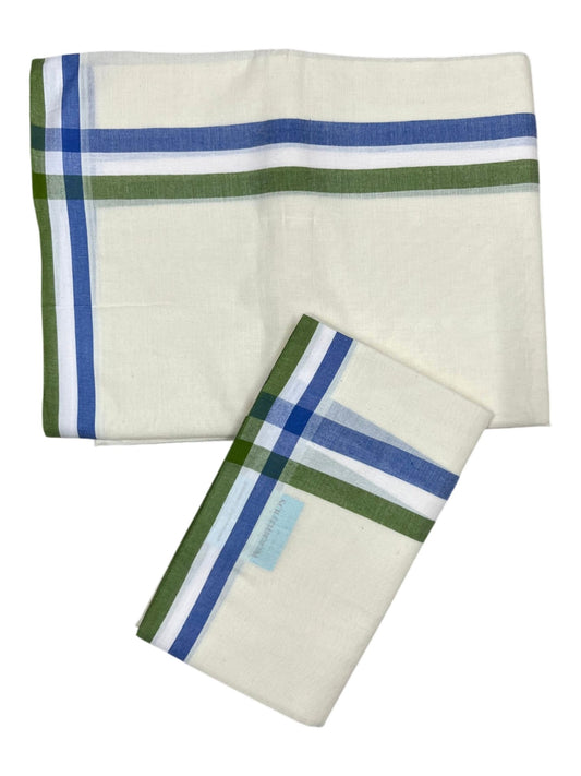 Southloom Pure Cotton Kerala Single Set Mundu (Mundum Neriyathum) Green & Blue Border