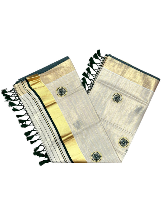 Southloom Kerala Tissue Kasavu Lines Saree with Embroidery Work on Body in Green