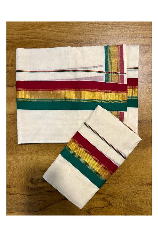 Kerala Cotton Kasavu Set Mundu (Mundum Neriyathum) with Maroon and Green Border SLKK