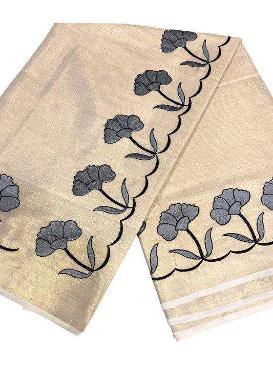 Southloom Cotton Kerala Saree with Grey Floral Embroidery Design on Border