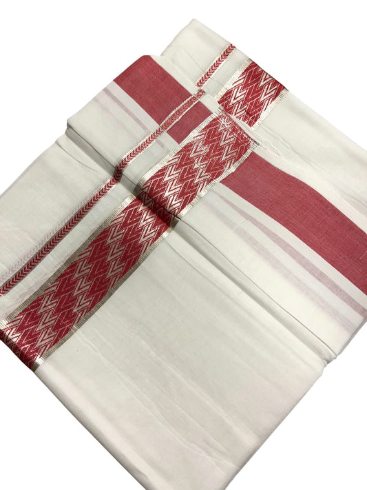 Southloom Kerala Pure White Cotton Double Mundu with Silver Lines & Pink Border (South Indian Dhoti)