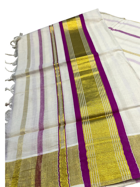 Southloom Kerala Cotton Kasavu Saree with Gold And Purple Lines on Body
