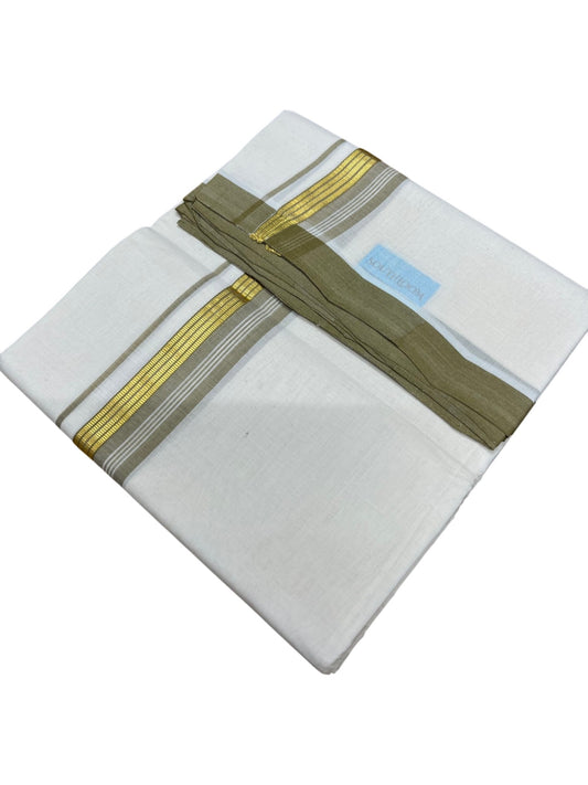 Southloom Balaramapuram Unakkupaavu Premium Handloom Cotton Double Mundu with Gold Kasavu and Olive Green Border