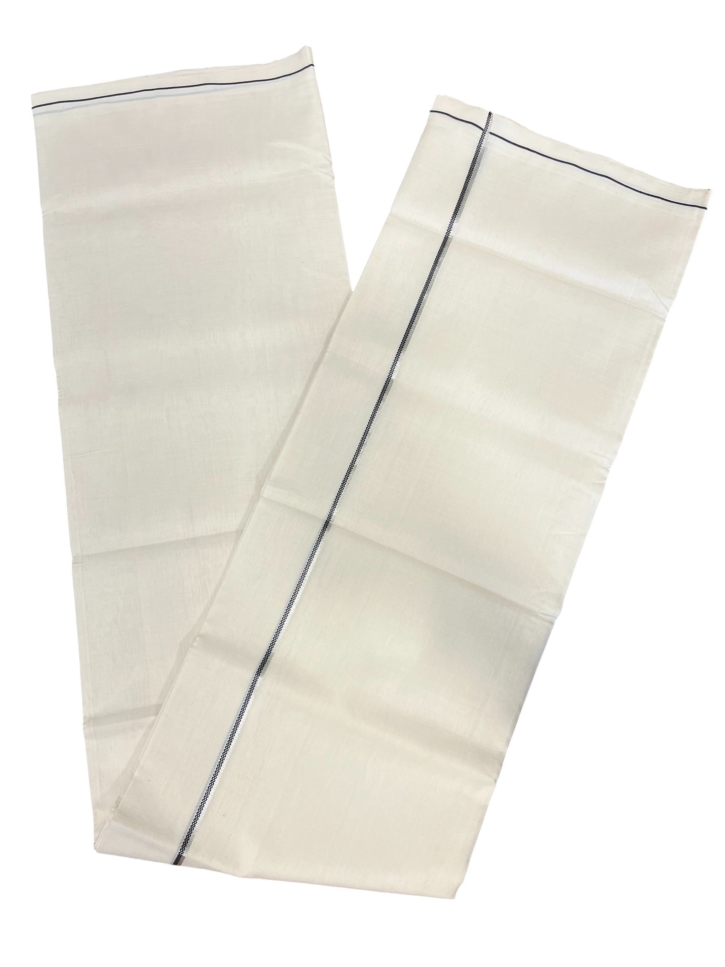 Southloom Premium Handloom Cotton Double Mundu with Black And Silver Line Border
