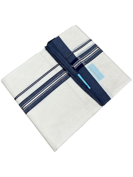 Southloom Pure Cotton Mundu with Silver Lines and Blue Border (South Indian Kerala Dhoti)