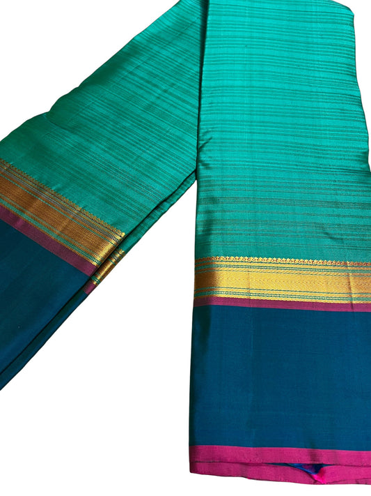 Southloom Pure Handloom Bridal Kanchipuram Silk Saree with Korvai Work (Green & Blue)
