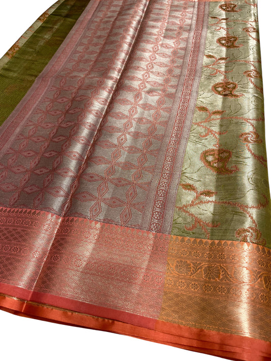 Southloom Tissue Silk Saree with Woven Work on Body and Borders (Green & Orange)