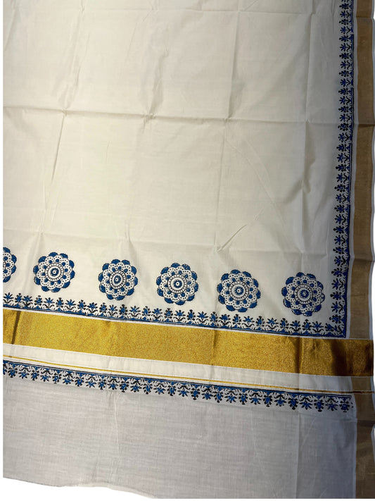 Southloom Cotton Kerala Kasavu Saree with Black and Blue Block Prints On Border
