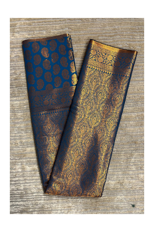 Southloom Brocade Silk Bridal Saree WIth Woven Borders And Blouse Piece in Blue And Gold