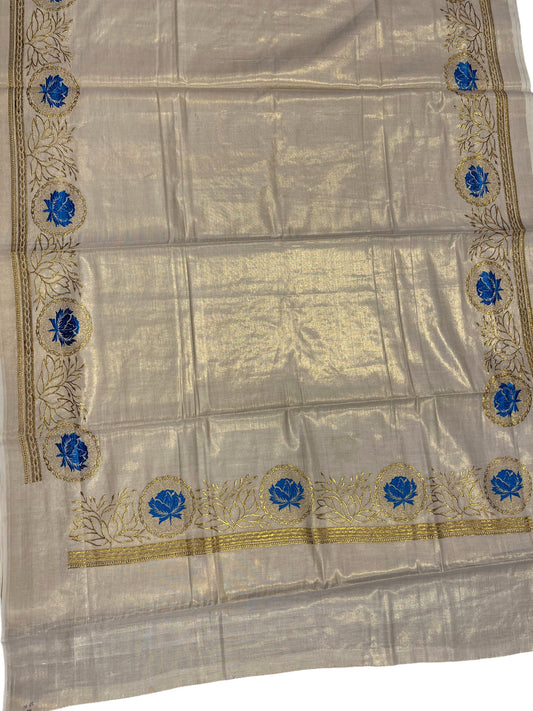 Southloom Tissue Kerala Kasavu Saree with Blue Floral Print on Border