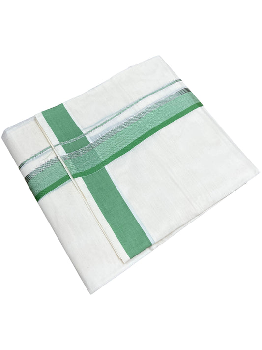 Southloom Pure Cotton Mundu with Green & Silver Lines Border (South Indian Kerala Dhoti)