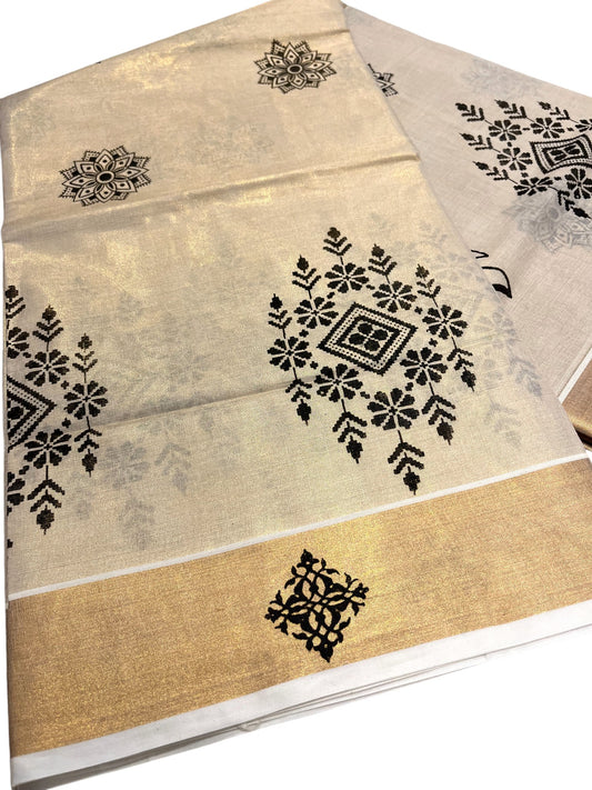 Kerala Tissue Kasavu Saree with Black Floral Block Printed Designs