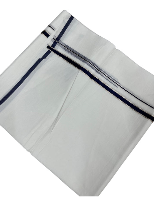 Southloom Pure White Cotton Double Mundu with Silver and Blue Border (South Indian Dhoti)