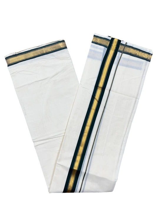 Southloom Kerala Cotton Velcro Double Mundu with Green Border (South Indian Kerala Dhoti) in 4 mtrs