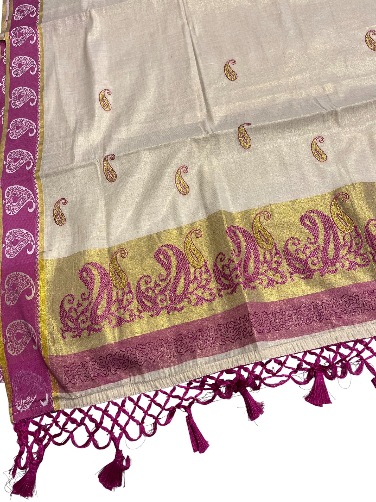 Southloom Kerala Tissue Kasavu Plain Saree with Magenta Floral Embroidery Works